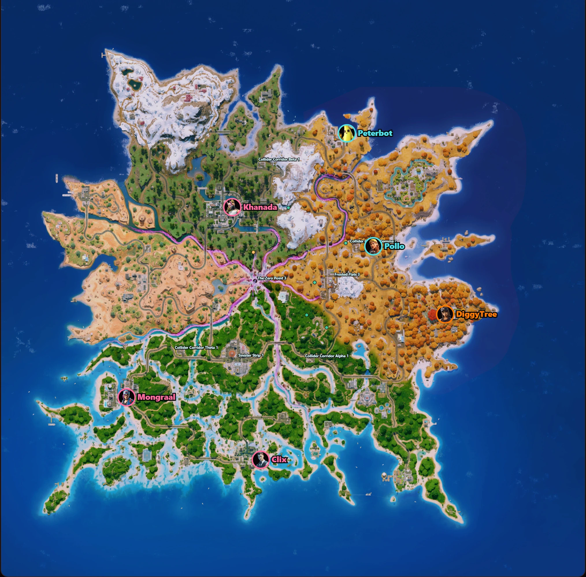 Where Everyone Was map — the current-season Fortnite map showing each pro and streamer's skin icon and IGN at the POI they landed, with the field as dots and per-POI head-counts.